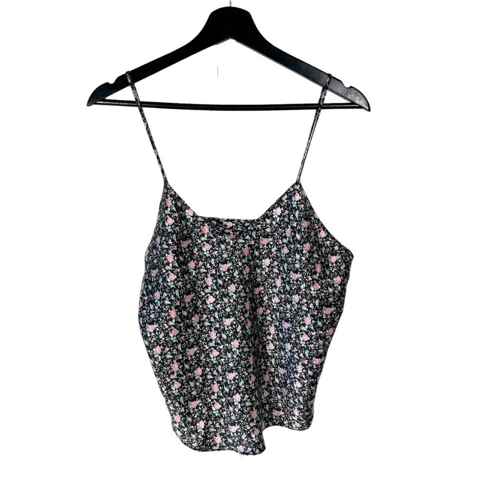Vintage 90s Black Satin Multicolor Floral Spaghetti Strap Short Top Medium